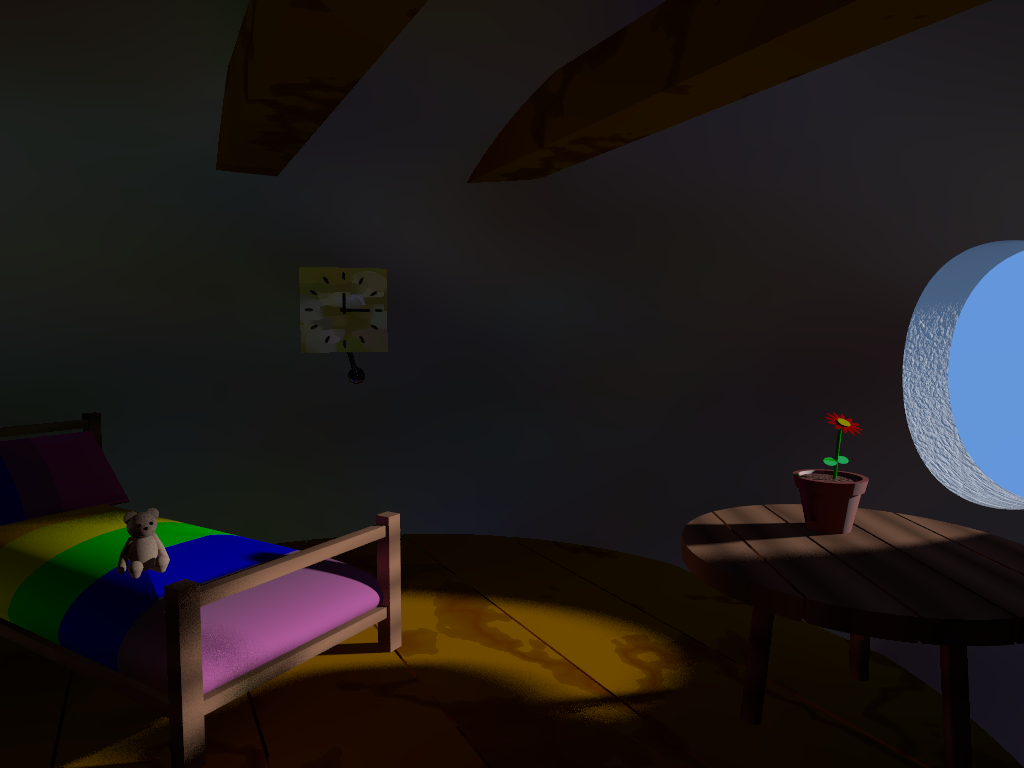 3D render of a cozy interior. There's no-one around, but a clock tick-tocks on the wall, while a teddy bear waits on a rainbow-colored bed; sun shines on a potted flower off to the side.